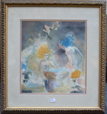 null CHIRON (XX ème), Personnages autour d'une fontaine, aquarelle, 26 x 24 cm.