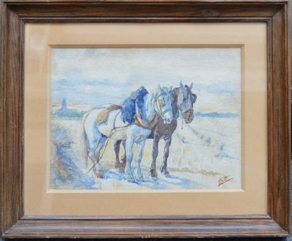 null Ecole MODERNE, chevaux de trait, aquarelle signée Mett ?, 18 x 23 cm.