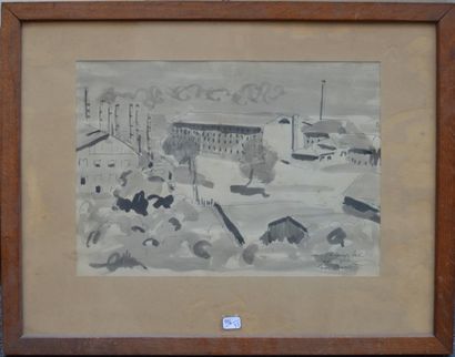 null Ecole MODERNE, Paysage industriel, lavis signé Valieres été 1947, 23 x 33 c...