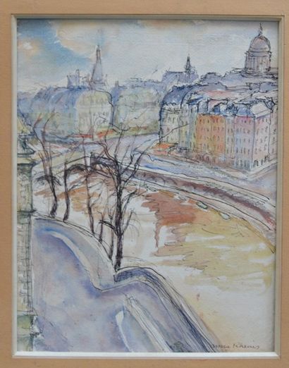 null Marie RHEIMS, Quai de Paris, aquarelle signée, 30 x 25 cm.