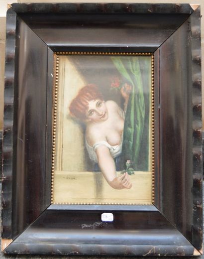 null T. ARON, femme à la fleur, aquarelle signée. 24 x 16 cm.