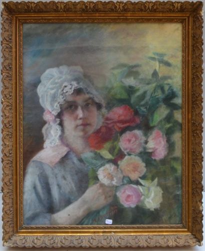 null Ecole FRANCAISE vers 1900, femme aux fleurs, pastel. 59 x 47 cm.