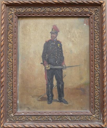 null Ecole FRANCAISE suiveur de Manet, Soldat, huile sur bois signé Bligny. 24 x...