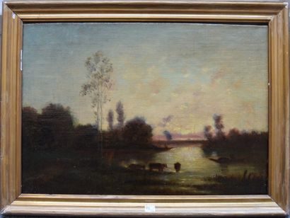 null Ecole FRANCAISE fin XIXème, Paysage au lac et vache, huile sur toile, 32 x 46...