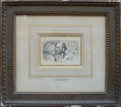 null BOISSIEUX, Trois personnages, gravure. 5 x 9 cm.