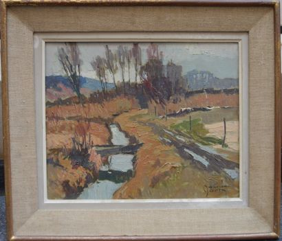 null Maurice MARTIN (XX ème), Paysage au ruisseau, toile signée. 38 x 46 cm.