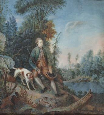 École Française du XVIIIe s. Chasseur et son chien dans un paysage Gouache sur vélin...