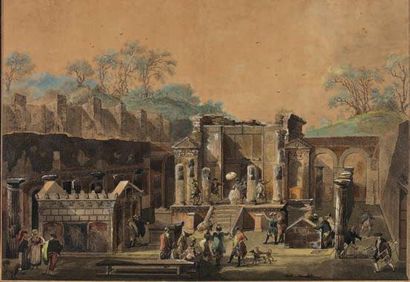 École Française fin XVIIIe s. Le temple d'Isis à Pompeï Visite à Pompeï d'après J....