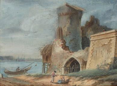 École Française du XVIIIe siècle Paysage avec ruines, barque Gouache - 17 x 23,5...