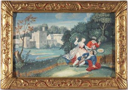 École Française du XVIIIe siècle Paysage au château, animé de personnages Gouache...