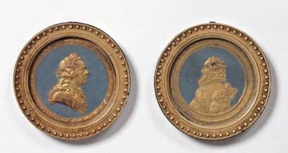 COMPIGNÉ ou SERON Portrait de Louis XV Portrait de Henri IV Deux médaillons formant...
