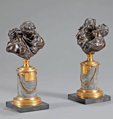 HOUDON, Jean-Antoine (1741-1828), d'après. Deux statuettes en bronze à patine brune,...