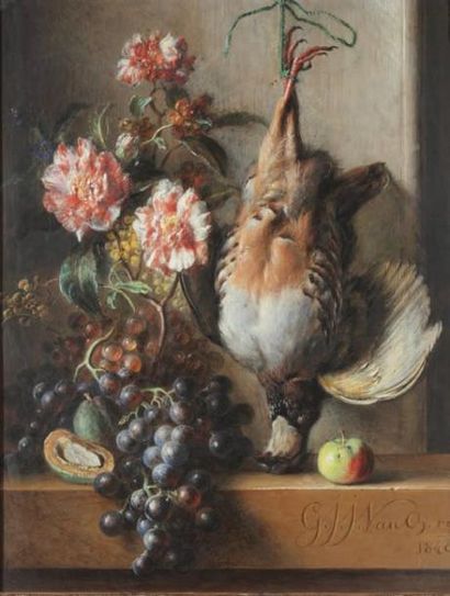 Georgius Jacobus Johannes van OS (1782-1861) Nature morte de fruits, de fleurs et...