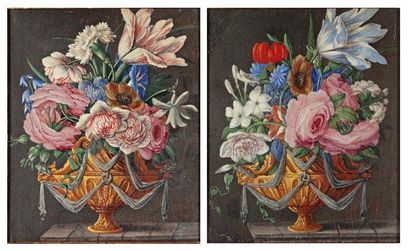 Ecole Française du XVIIe siècle Bouquet de fleurs dans un vase posé sur un entablement...