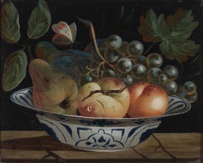 École Française du XVIIIe siècle Nature morte de fruits Huile sur verre - 21 x 26,2...