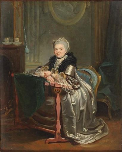 Attribué à Henri-Pierre DANLOUX (1753-1809) Portrait de femme brodant Huile sur panneau...