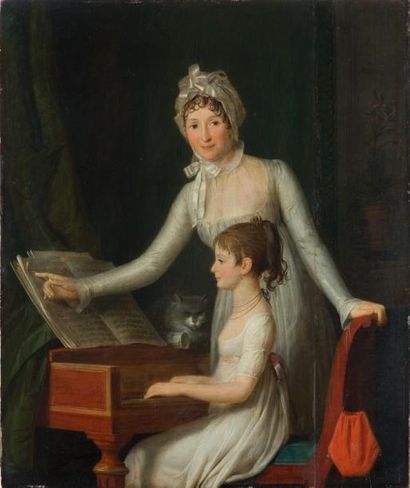 Jean-François GARNERAY (1755-1837) La leçon de piano Huile sur panneau, parqueté...