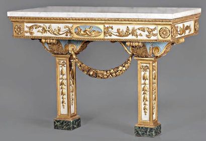 null IMPORTANTE TABLE CONSOLE en bois peint et doré, la ceinture droite sculptée...