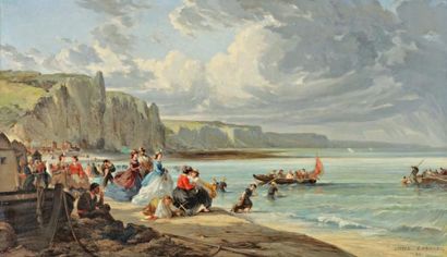 Emile LABORNE 1837-1913 La plage de Fécamp, 1866 Huile sur toile (rentoilée) - 59...