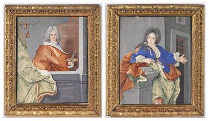 École Française fin XVIIe siècle Portraits d'artiste Deux gouaches sur vélin - 17,8...