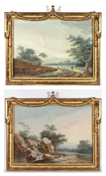 Lazare BRUANDET (1755-1803) Paysage animé de personnages Paysage à la cascade animé...