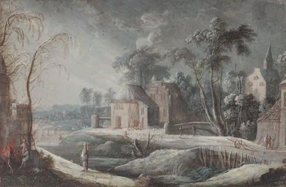 Attribué à Antoine-Pierre PATEL (1648-1707) Paysage d'hiver Gouache - 18,5 x 29 cm...