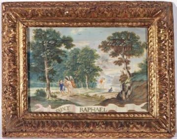 École Française fin XVIIe s. Paysage avec Tobie et l'Ange Raphaël Gouache sur vélin...