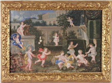École Française du XVIIe siècle Groupe d'Amours dans un jardin Gouache - 17,4 x 28,2...