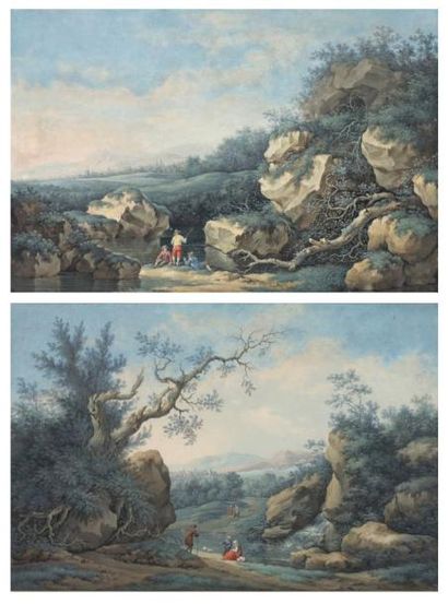 Jacob-Philippe HACKERT (1737-1807) Paysage aux pêcheurs Passage du gué Deux gouaches...