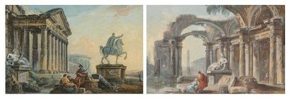 Jean-Baptiste LALLEMAND (1710-1805) Personnages dans des ruines romaines Paire de...