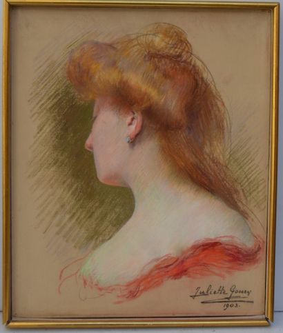 null Juliette GOURY (1878-1954), Profil de jeune femme rousse, pastel signé, 46 x...