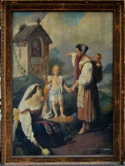 null Ecole ITALIENNE, Mère et ses enfants, huile sur toile. 102 x 72 cm.