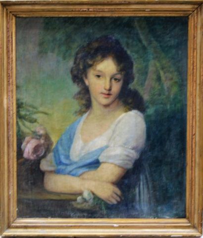 null Ecole ITALIENNE, Jeune fille à la rose, huile sur toile. 75 x 63 cm.