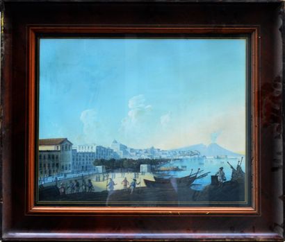 null Ecole NAPOLITAINE, Baie de Naples, gouache, cadre en placage d'acajou. 48 x...