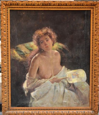 null Ecole NAPOLITAINE, femme aux seins nus, huile sur toile. 99 x 80 cm.