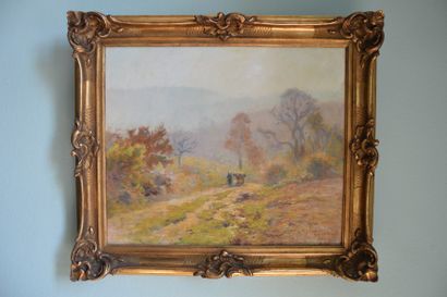 null Jean REMOND (1872-1913), Femme et son âne sur le chemin, Huile sur toile signée...