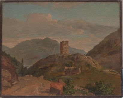 null Ecole Française XIXème, Tour dans la montagne, huile sur toile, 21 x 27 cm.