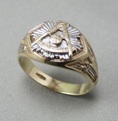 null BAGUE Maçonnique de "Grand Maître Initié" en alliage d'or à 585°/00, symboles...