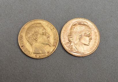 null Deux pièces 20 FF or de 1911 Marianne de Chaplain et 1858 Napoléon III de B...