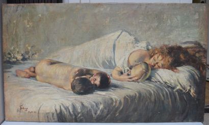 null Ecole ITALIENNE, Femme et enfants sur un lit, huile sur toile signée en bas...