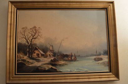 null Ecole HOLLANDAISE du XIXe siècle, Paysage d'hiver, huile sur toile. 63 x 90...