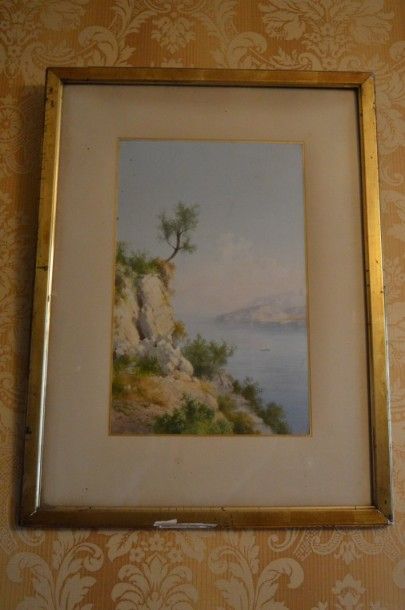 null Ecole ITALIENNE fin XIX ème, bord de Méditerranée, aquarelle. 45 x 29 cm.