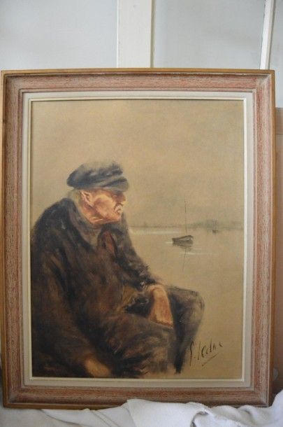 null Georges LEDUC (1906-1968), Vieux pêcheur en bord de mer, toile signée.
