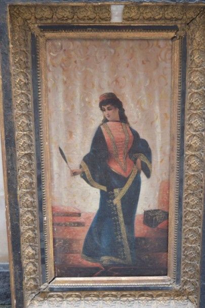 null Ecole ORIENTALE vers 1900, Femme à la plume, huile sur toile. 52 x 26 cm. 