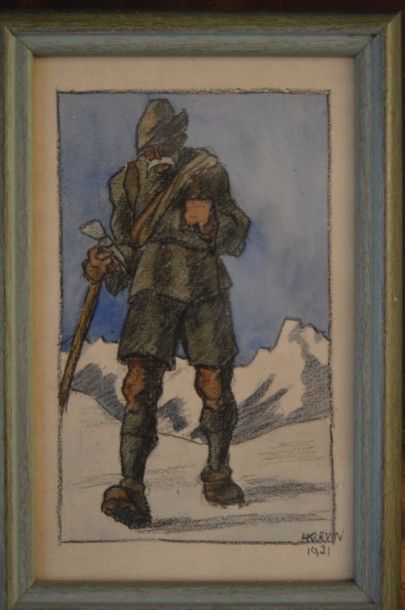 null KORVIN, Montagnard, fusain et aquarelle. 24 x 15 cm.