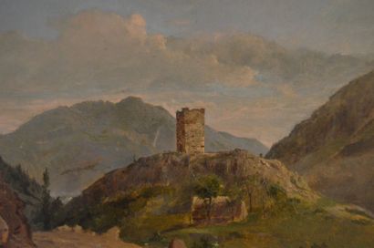 null Ecole Française XIXème, Paysage à la tour, huile sur papier marouflé sur toile,...