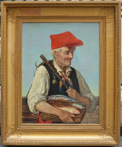 null Ecole NAPOLITAINE vers 1900, pêcheur napolitain, huile sur toile. 84 x 61 cm....