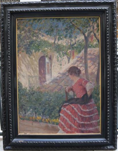 null Carlos VASQUEZ (1869-1944), Femme sur la terrasse, huile sur toile. 99 x 71...