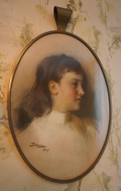 null BIASINI (XIX-XX ème), Portrait de jeune fille, pastel signé et daté 1891. 51...