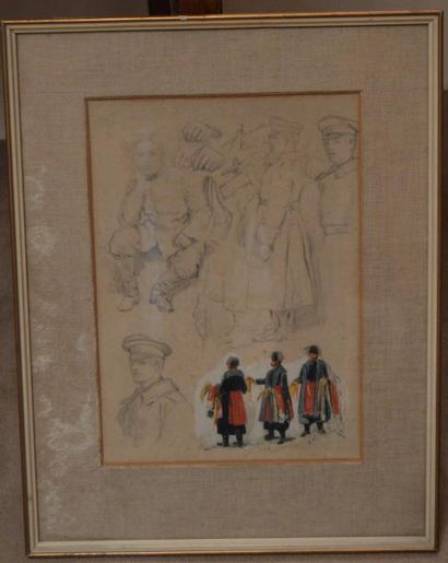 null Ecole RUSSE, esquisses de soldats et de costumes traditionnels, crayon et aquarelle....